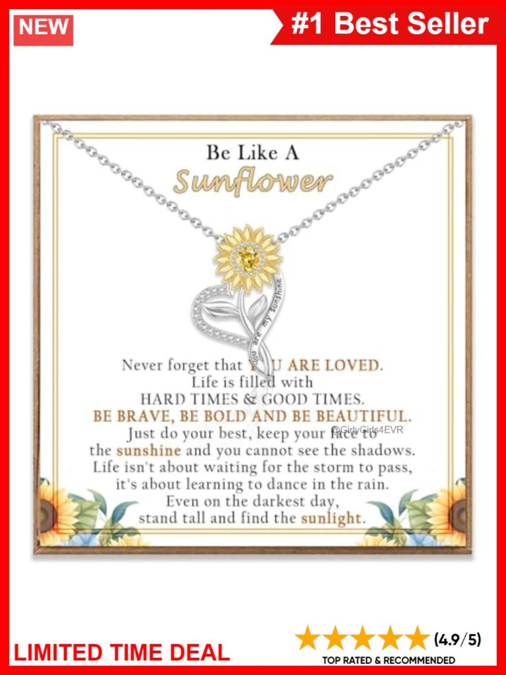 Sunflower Pendant Necklace Stainless Steel Chain Cubic Zirconia Gift Box